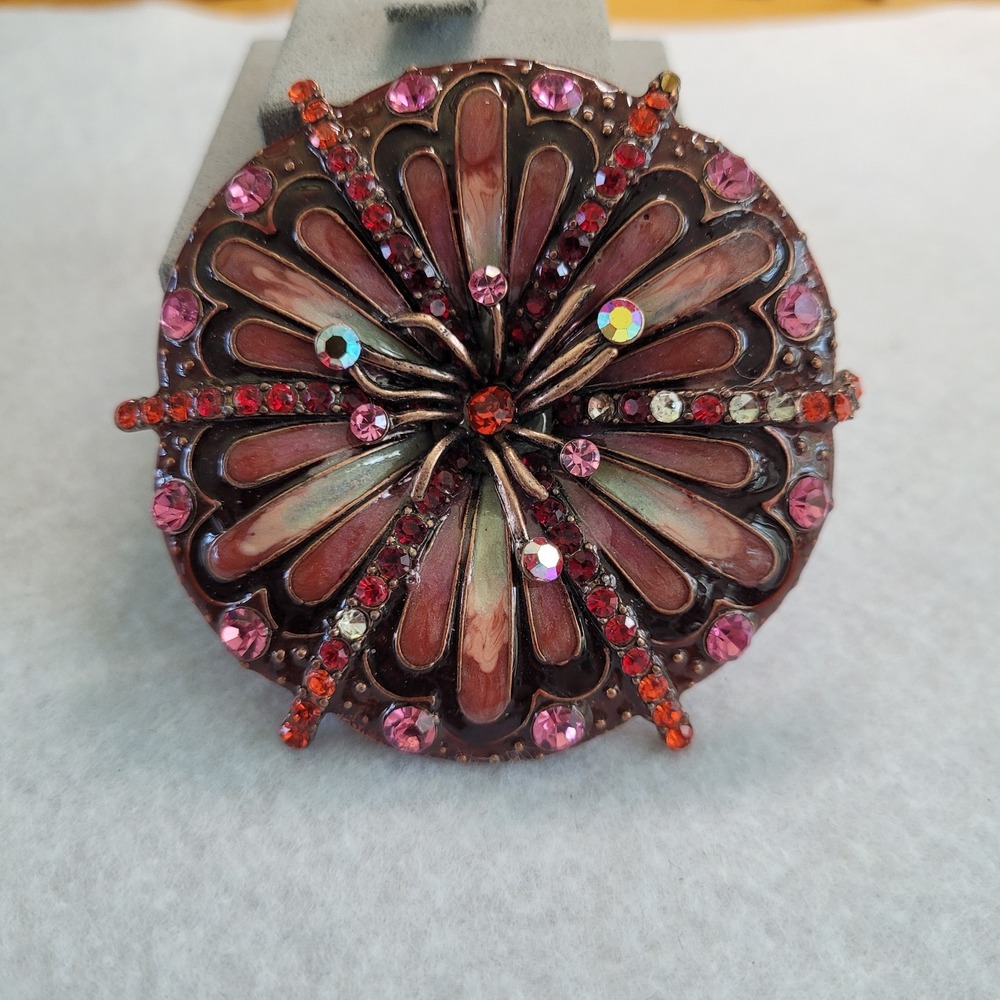 Vintage Copper Tone Rhinestone Sunburst Brooch Pink Red Enamel Statement Pin AS